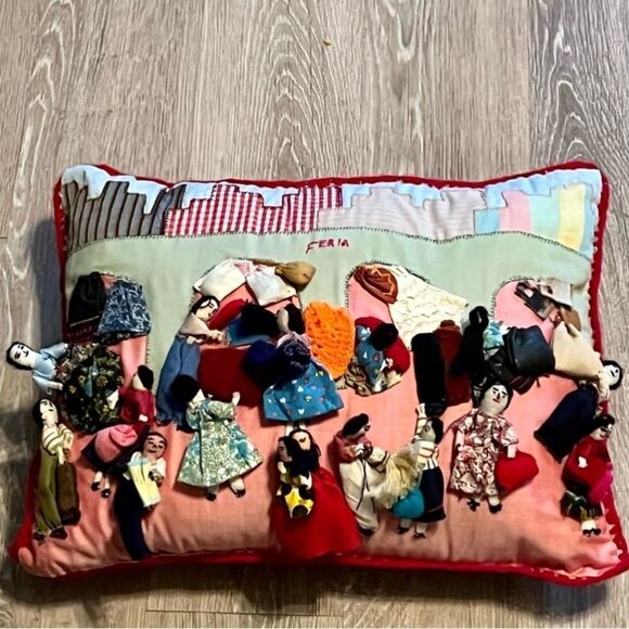 Vintage Peruvian Arpillera Feria 3D Folk Art Handmade Tapestry Pillow Crochet - Picture 2 of 16